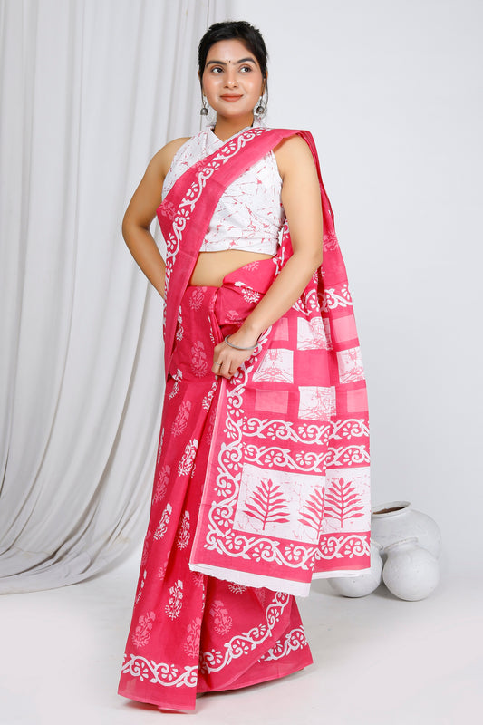 Printed Pink Batik Print Cotton MulMul Saree