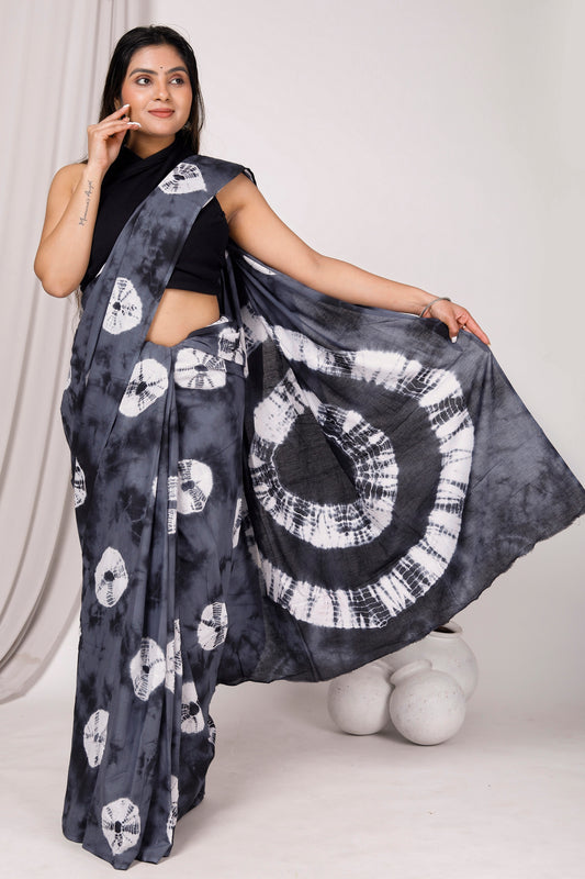 Printed Grey Shibori Print Cotton MulMul Saree