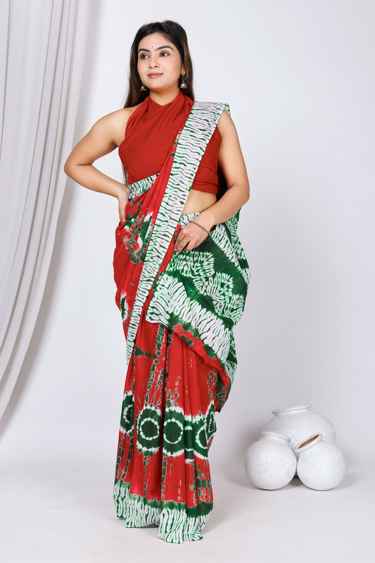 Printed Red Shibori Print Cotton MulMul Saree