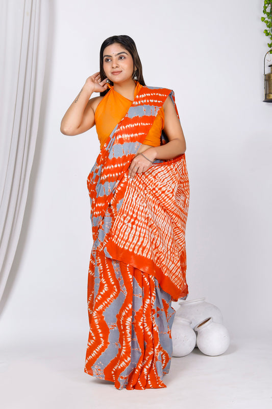 Printed Orange Shibori Print Cotton MulMul Saree