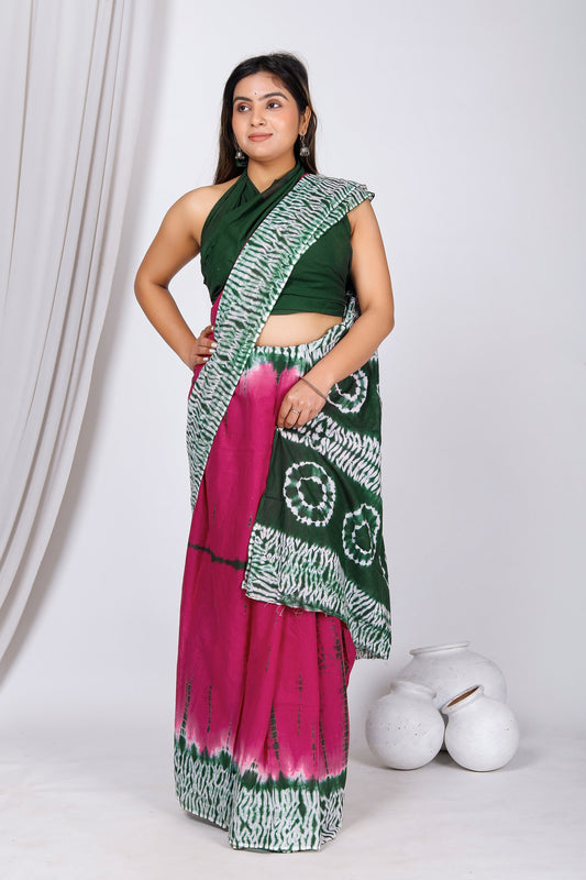 Printed Pink Shibori Print Cotton MulMul Saree