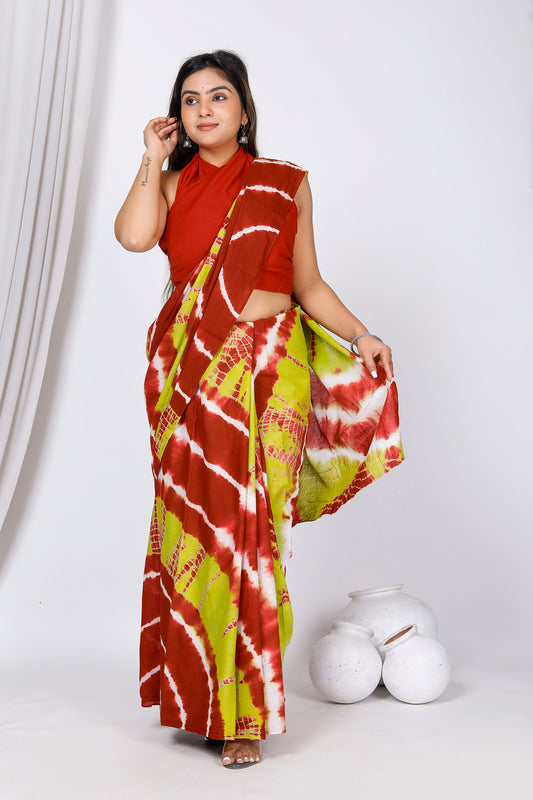 Printed Red Shibori Print Cotton MulMul Saree