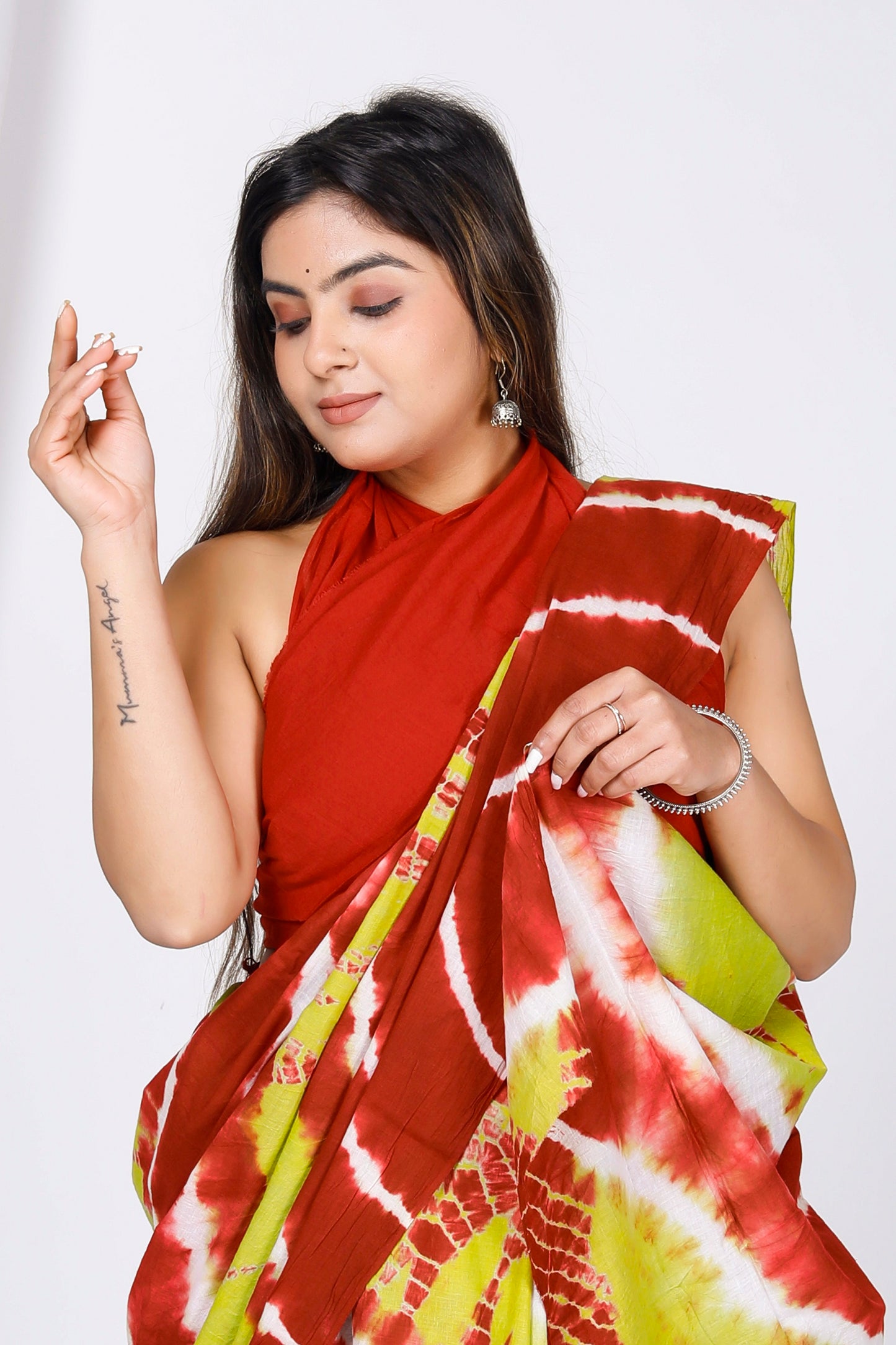 Printed Red Shibori Print Cotton MulMul Saree