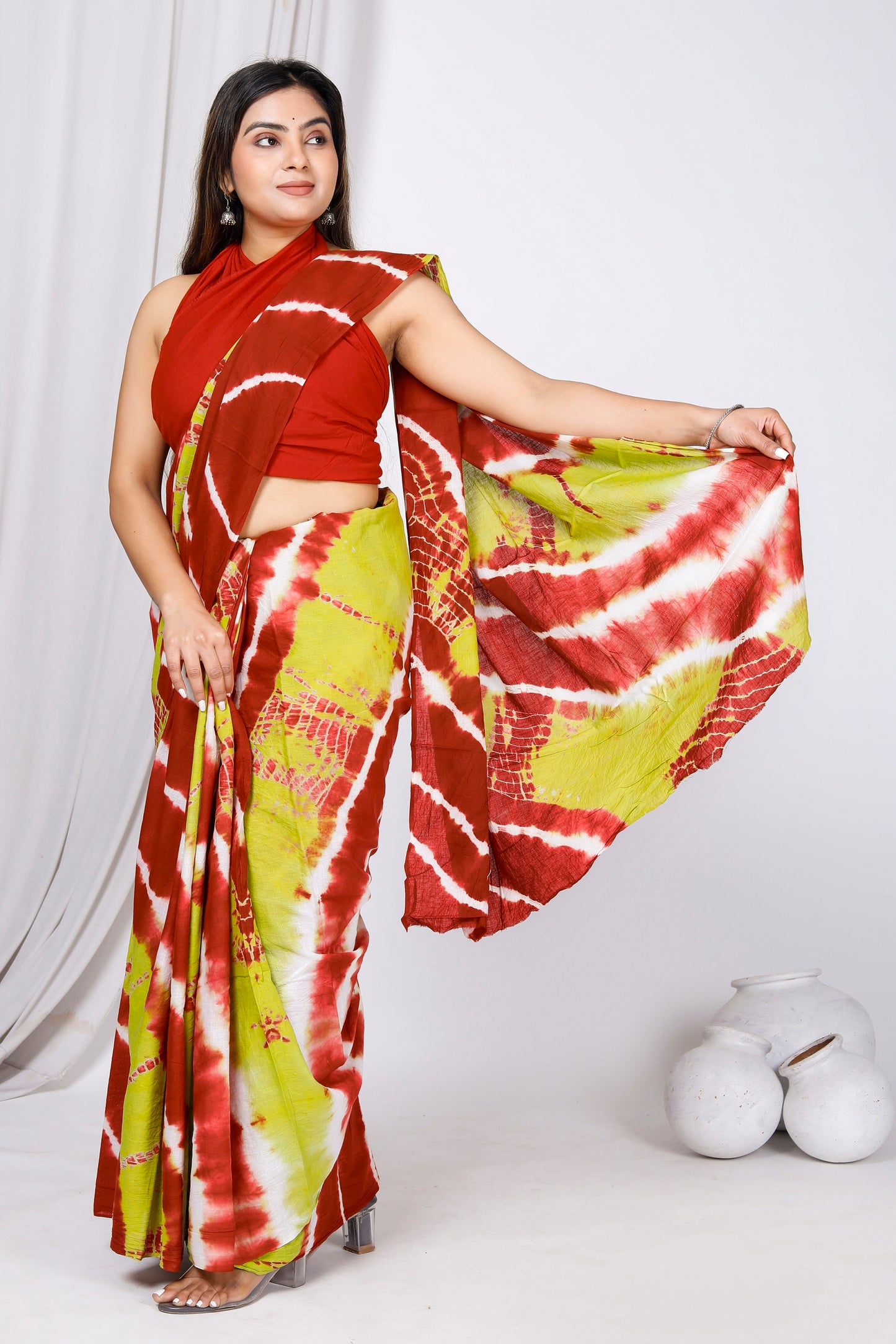 Printed Red Shibori Print Cotton MulMul Saree