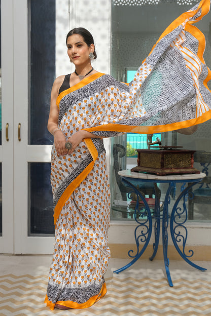 Cotton MulMul Orange Printed Sarees