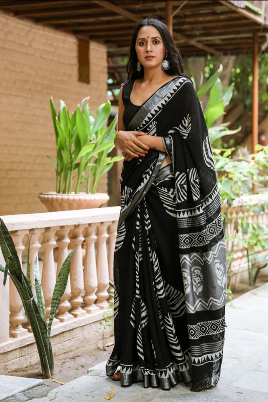 Premium Black Cotton Linen Saree