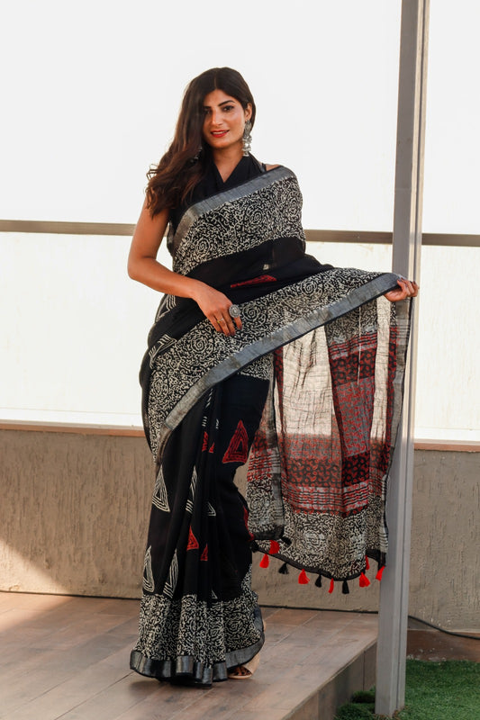 Premium Black Cotton Linen Saree