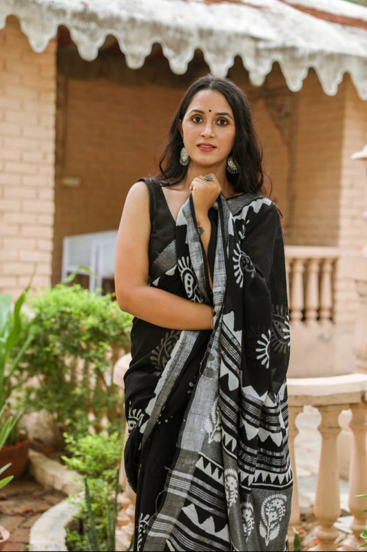 Premium Black Cotton Linen Saree