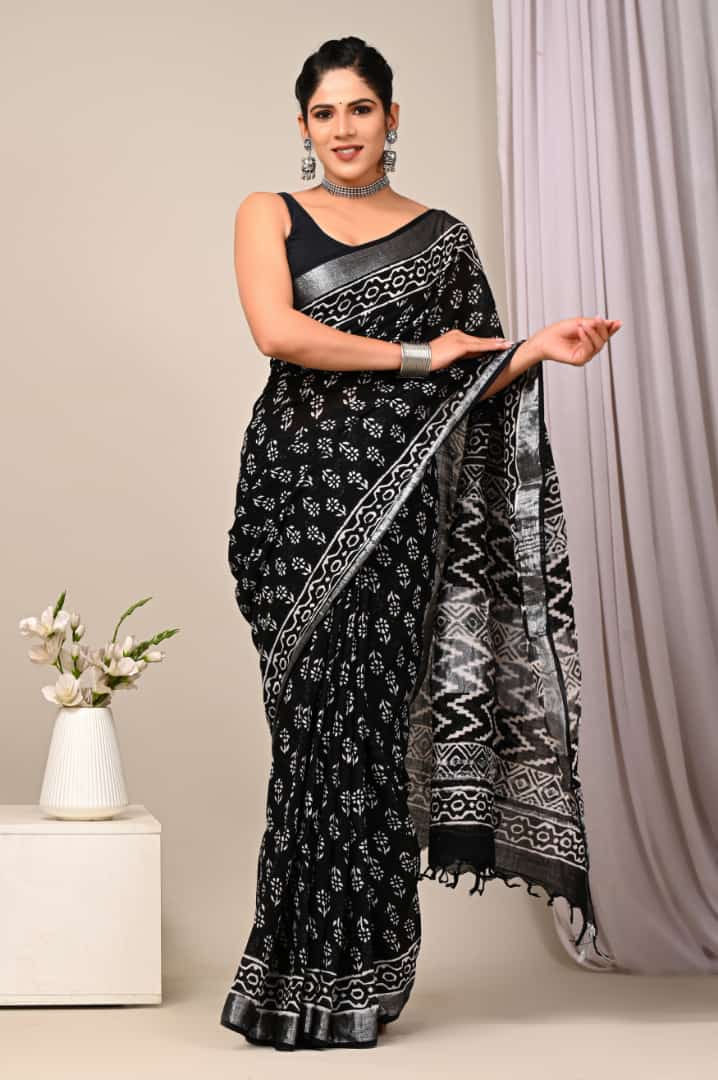 Premium Black Cotton Linen Saree