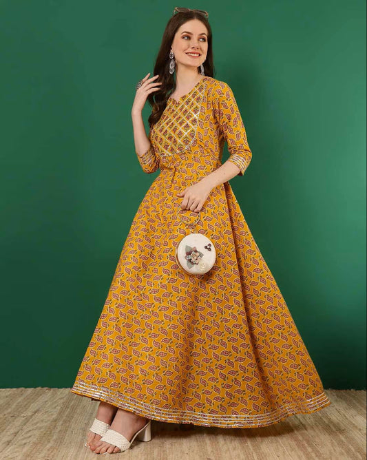 Mustard Rayon Anarkali Dress For Women