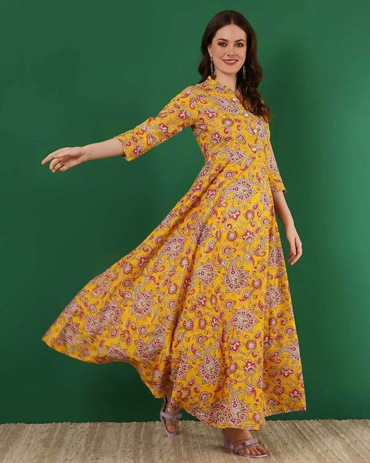 Mustard Cotton Anarkali Dress For Women