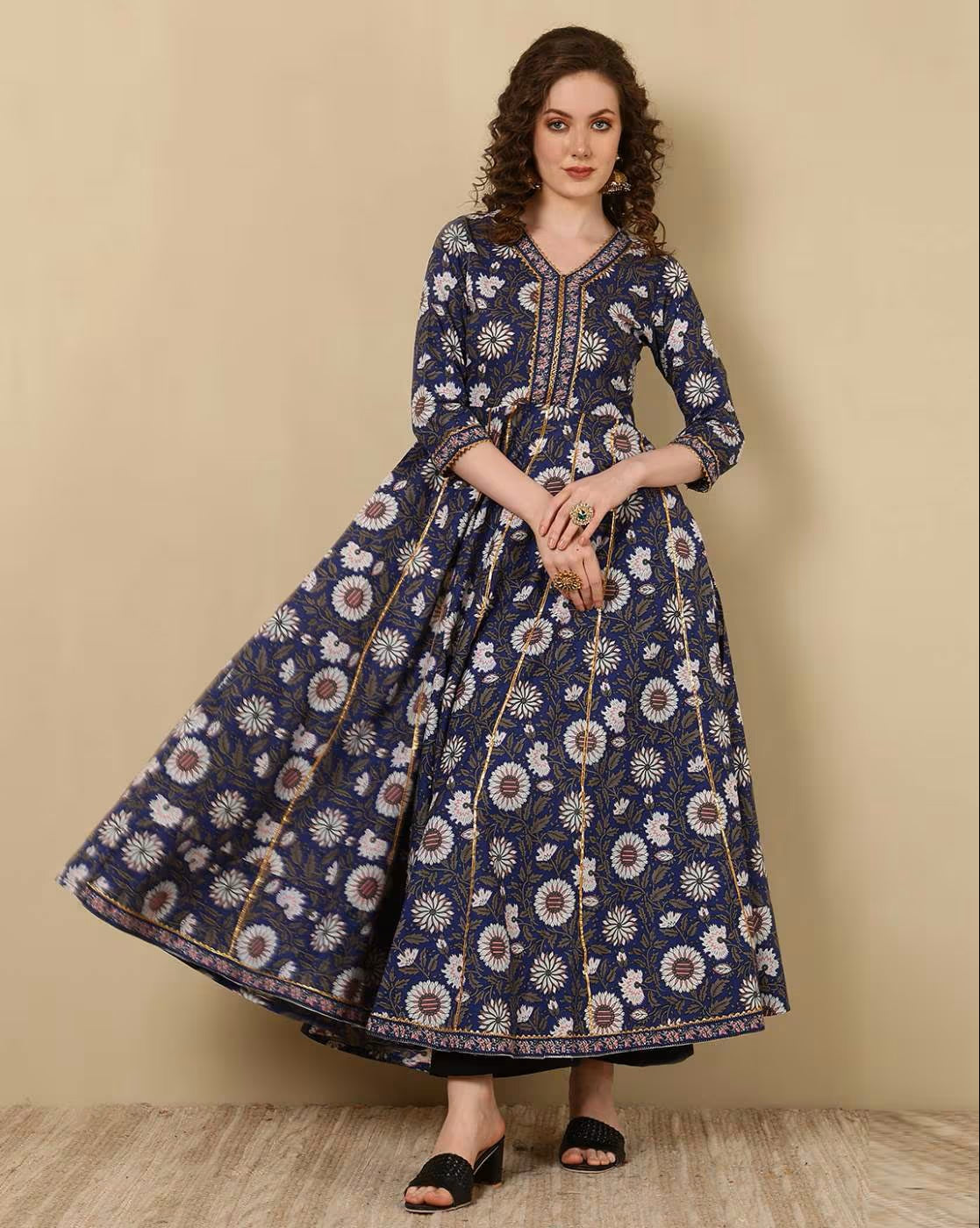 Blue Rayon Anarkali Dress For Women