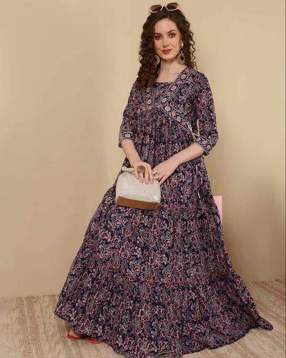 Blue Rayon Anarkali Dress For Women