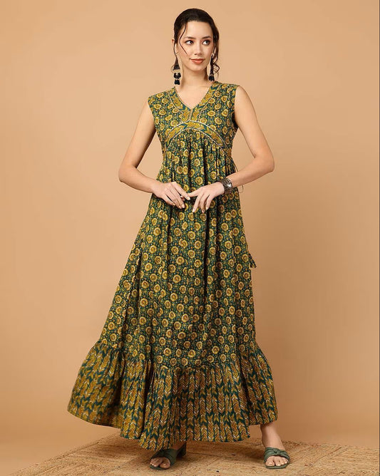 Green Rayon Anarkali Dress For Women