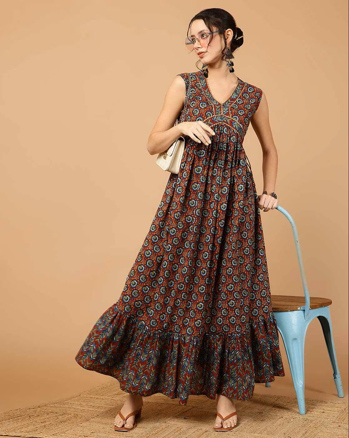 Marron Rayon Anarkali Dress For Women