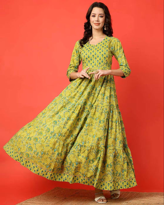 Green Rayon Anarkali Dress For Women