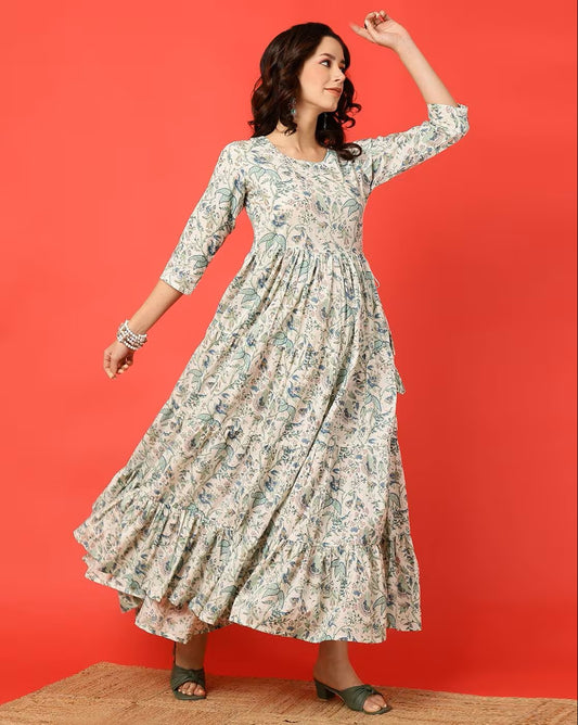 Off White Cotton Anarkali Dress For Women