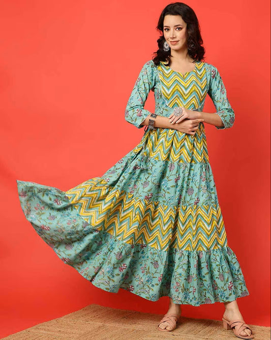 Green Cotton Anarkali Dress For Women