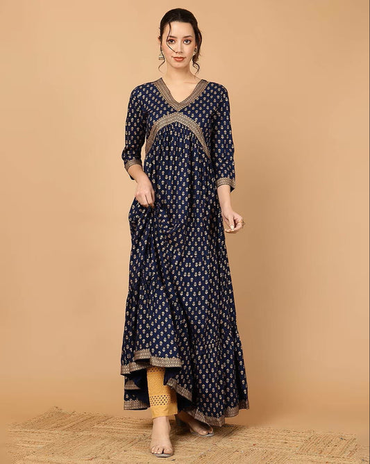 Blue Rayon  Anarkali Dress For Women