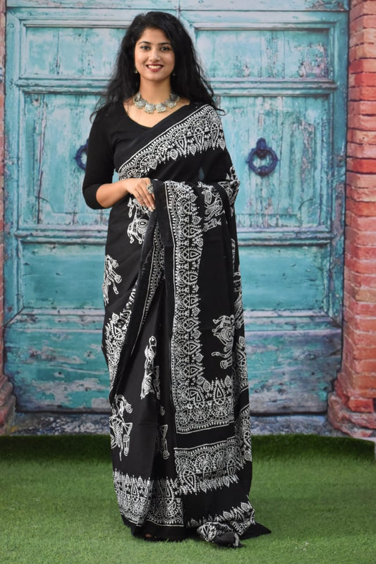 Printed Black n White Print Cotton MulMul Saree