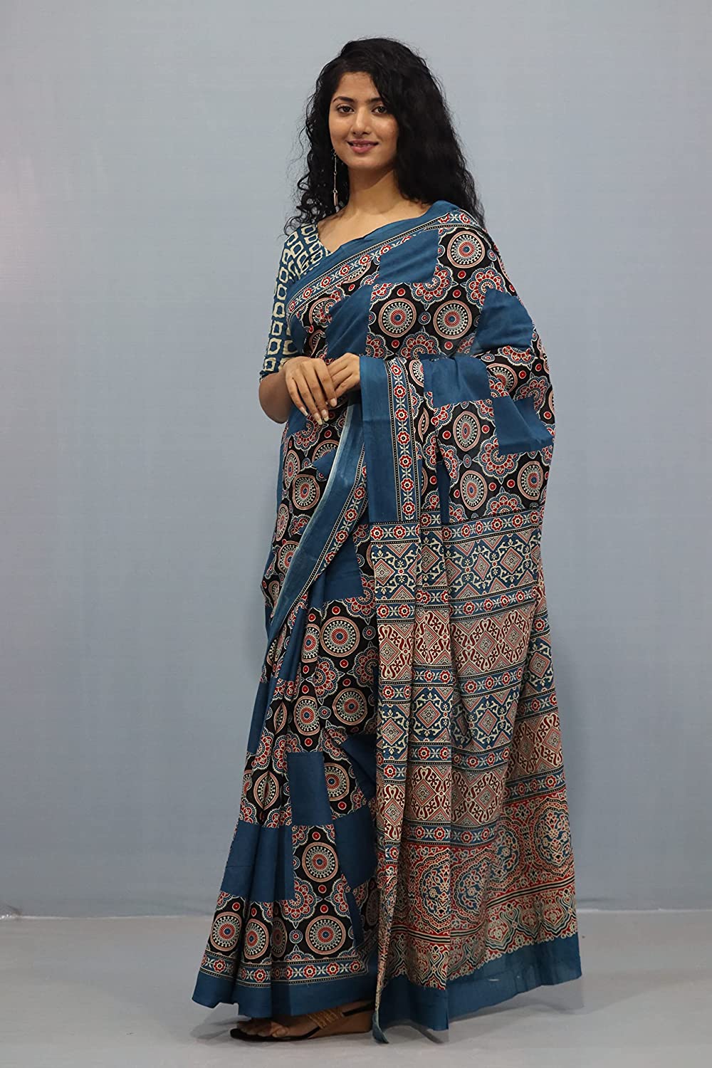 Printed Blue Ajrak Print Cotton MulMul Saree