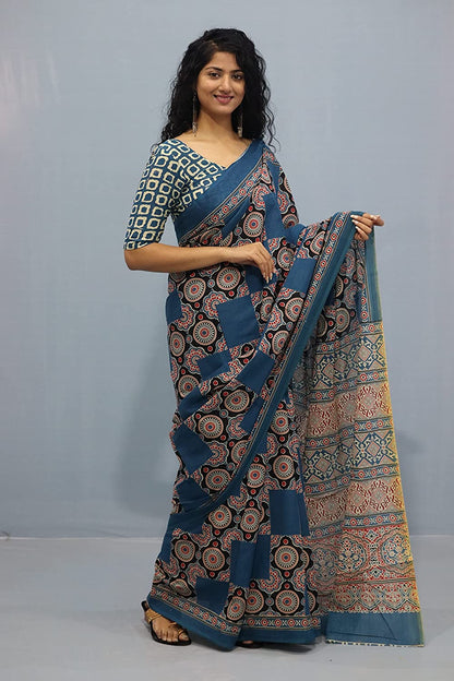 Printed Blue Ajrak Print Cotton MulMul Saree