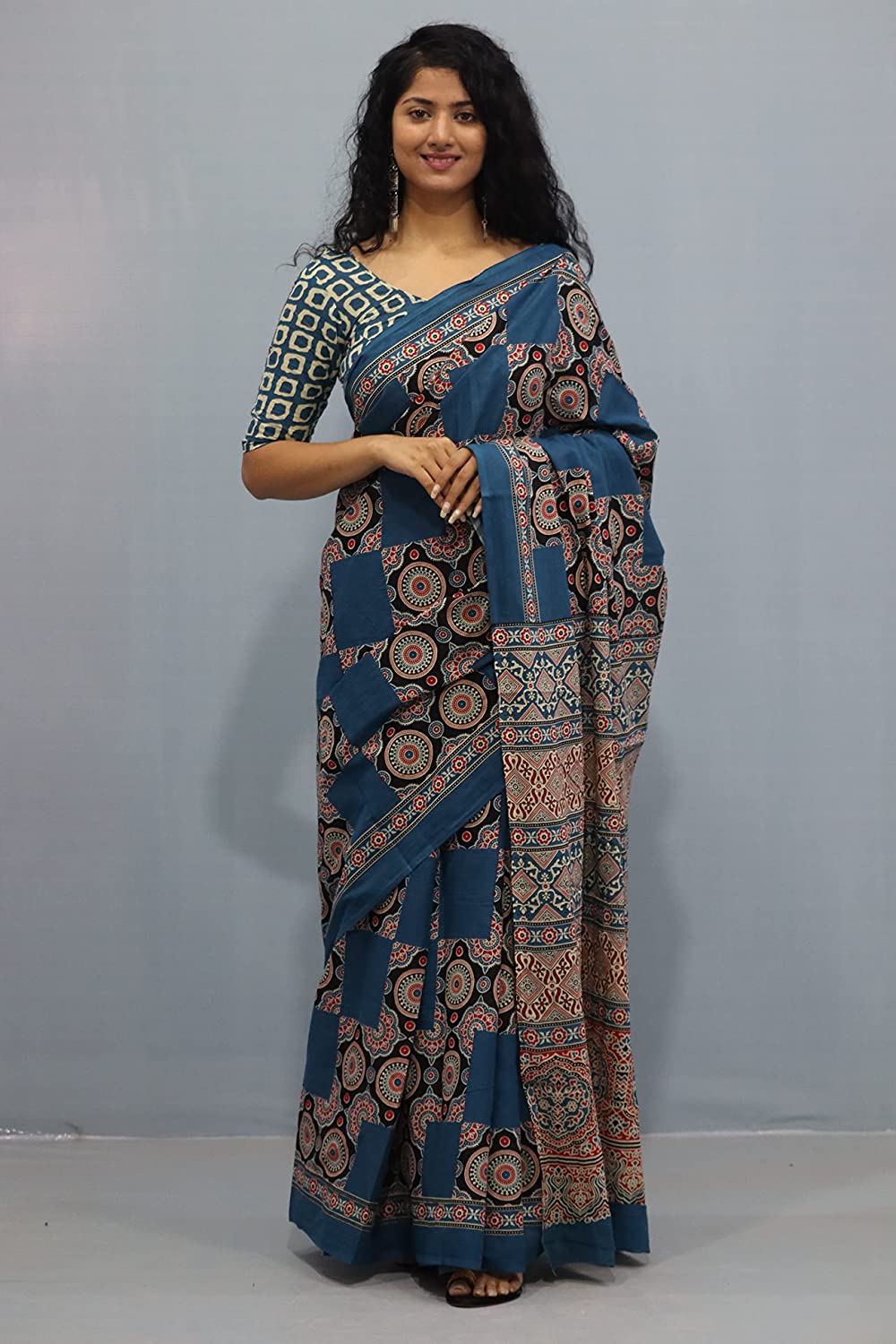 Printed Blue Ajrak Print Cotton MulMul Saree