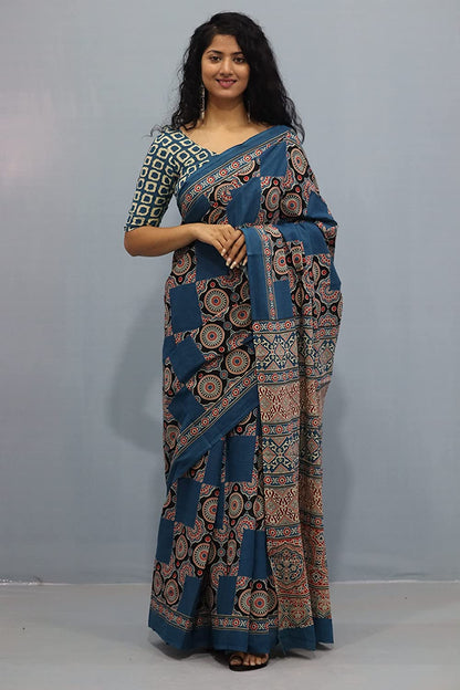 Printed Blue Ajrak Print Cotton MulMul Saree