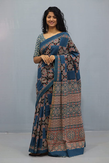 Printed Blue Ajrak Print Cotton MulMul Saree