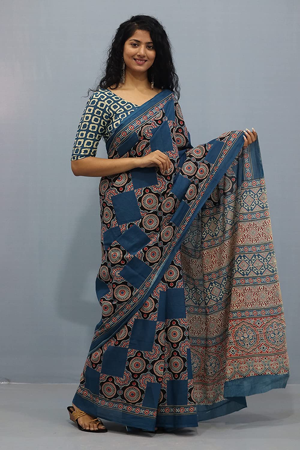 Printed Blue Ajrak Print Cotton MulMul Saree