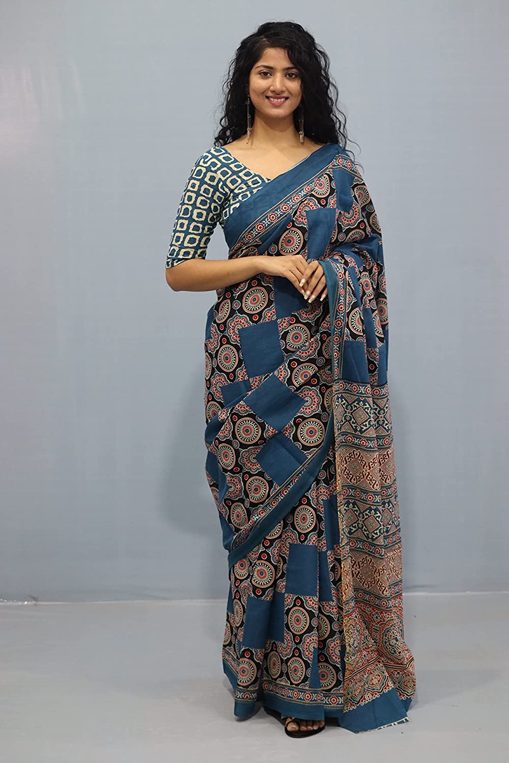 Printed Blue Ajrak Print Cotton MulMul Saree