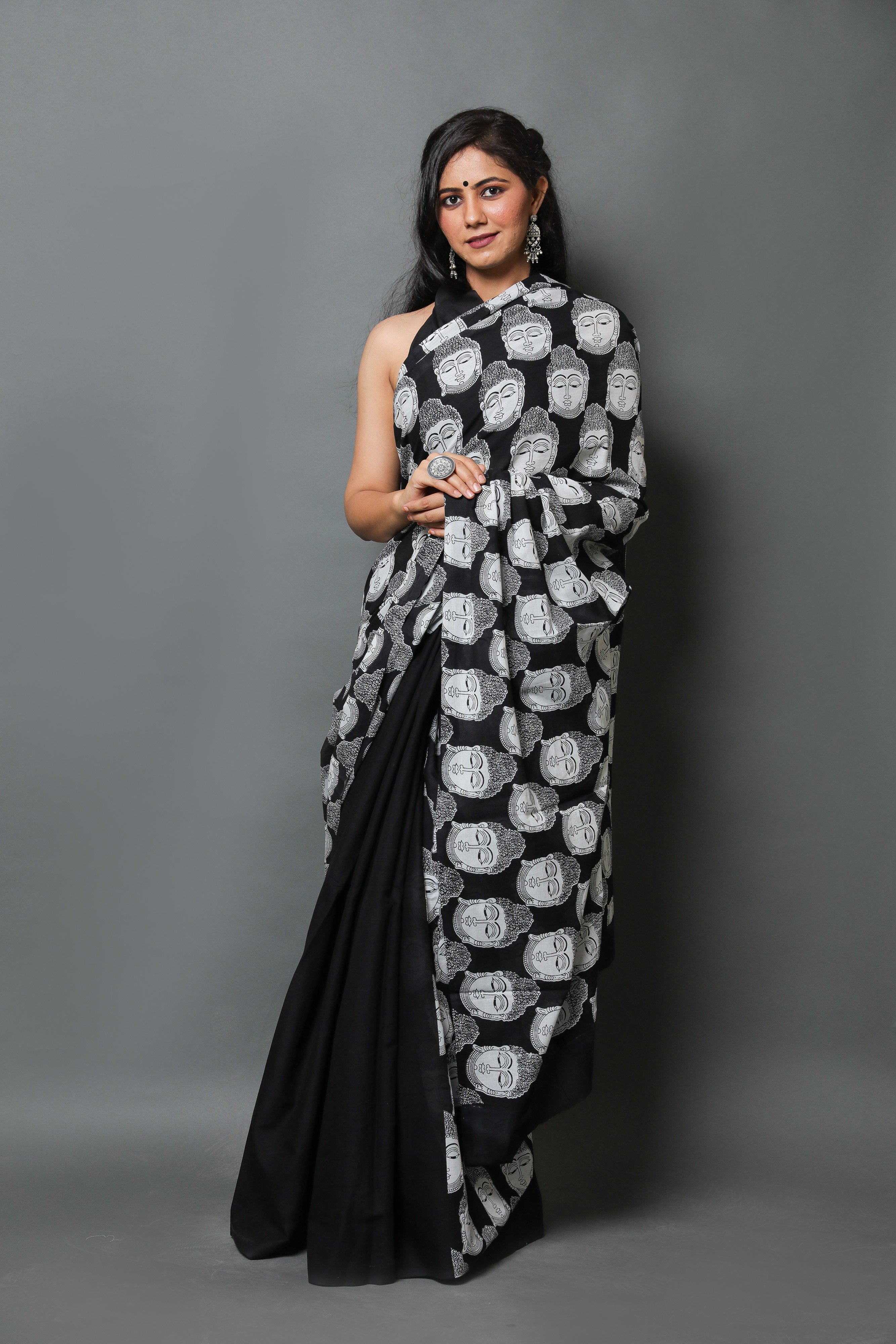 Cotton MulMul Black Printed Sarees