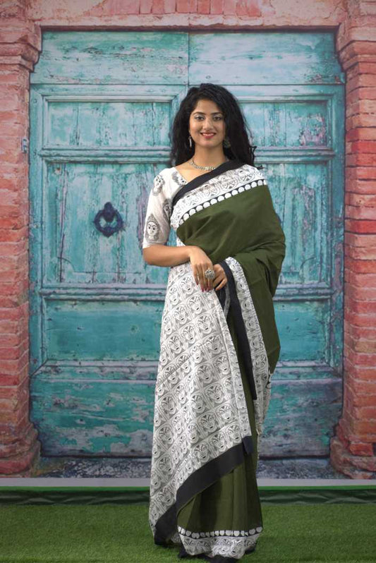 Cotton MulMul Green Printed Sarees