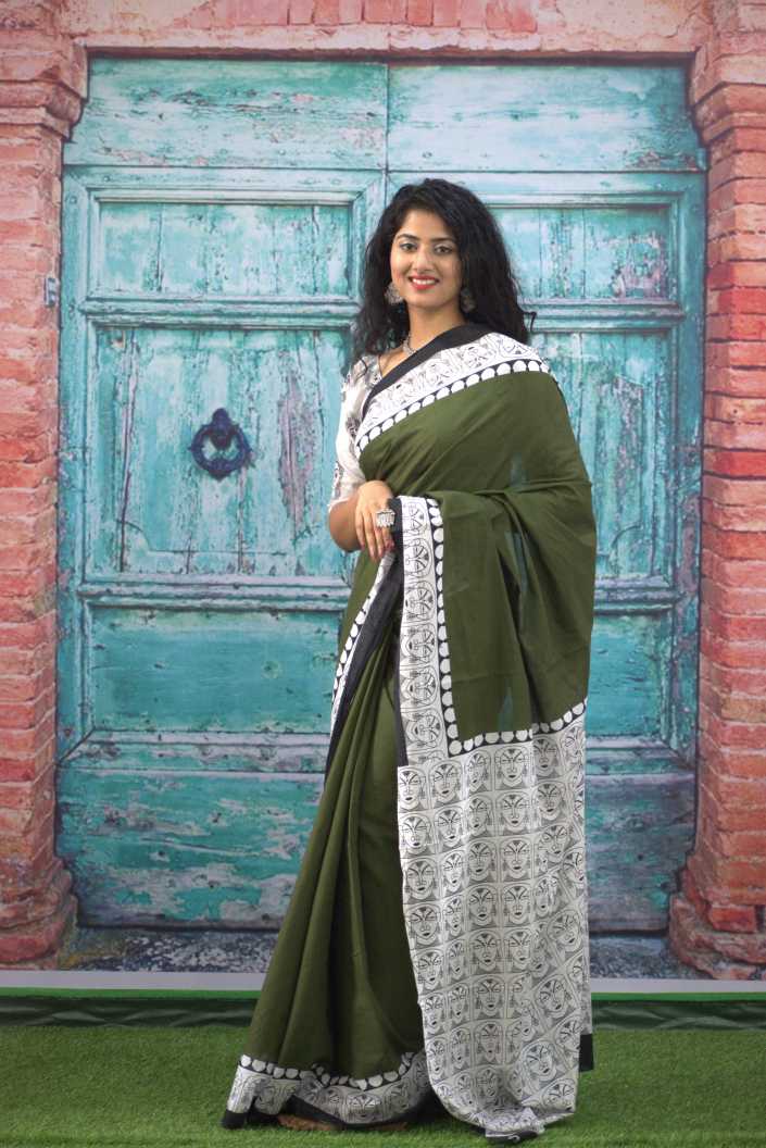 Cotton MulMul Green Printed Sarees