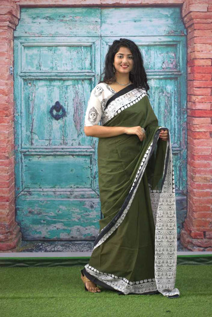 Cotton MulMul Green Printed Sarees