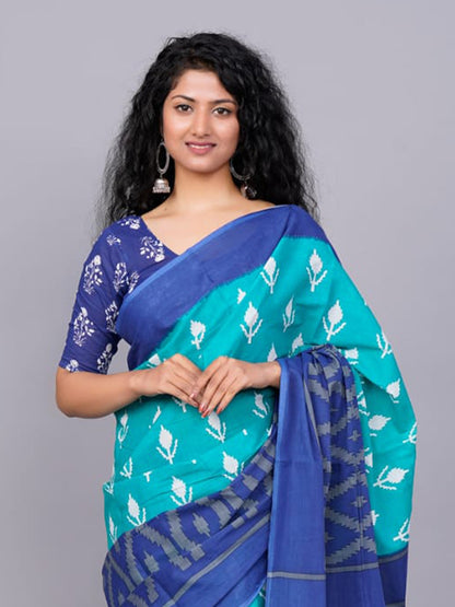 Printed Blue Ikkat Print Cotton MulMul Saree