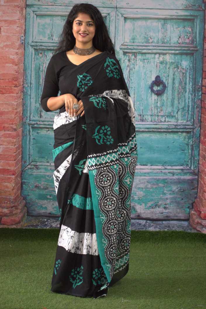 Printed Black Batik Print Cotton MulMul Saree