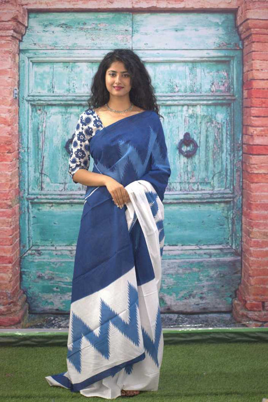 Printed Blue Ikkat Print Cotton MulMul Saree