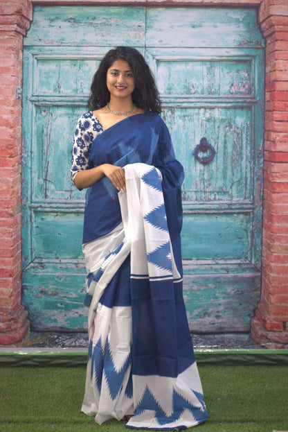 Printed Blue Ikkat Print Cotton MulMul Saree