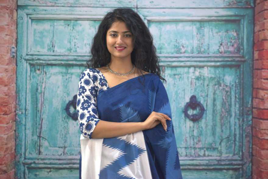 Printed Blue Ikkat Print Cotton MulMul Saree