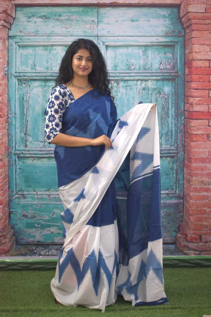 Printed Blue Ikkat Print Cotton MulMul Saree