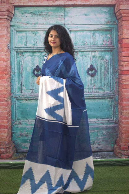 Printed Blue Ikkat Print Cotton MulMul Saree