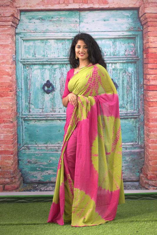 Printed Green Shibori Print Cotton MulMul Saree