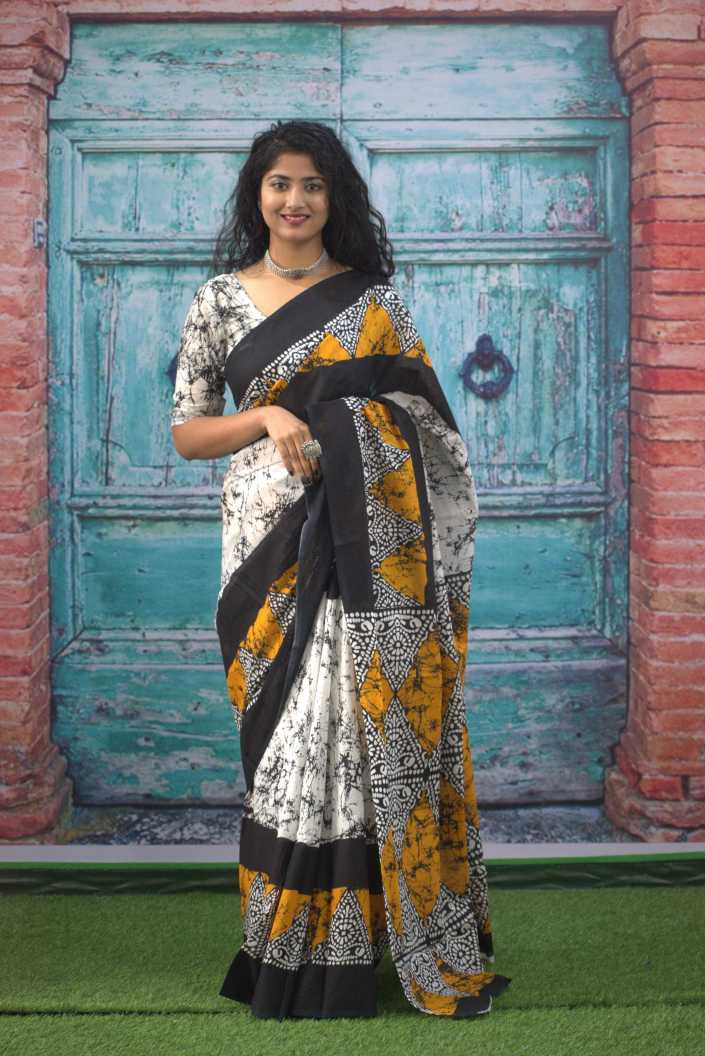 Printed Mustard Batik Print Cotton MulMul Saree