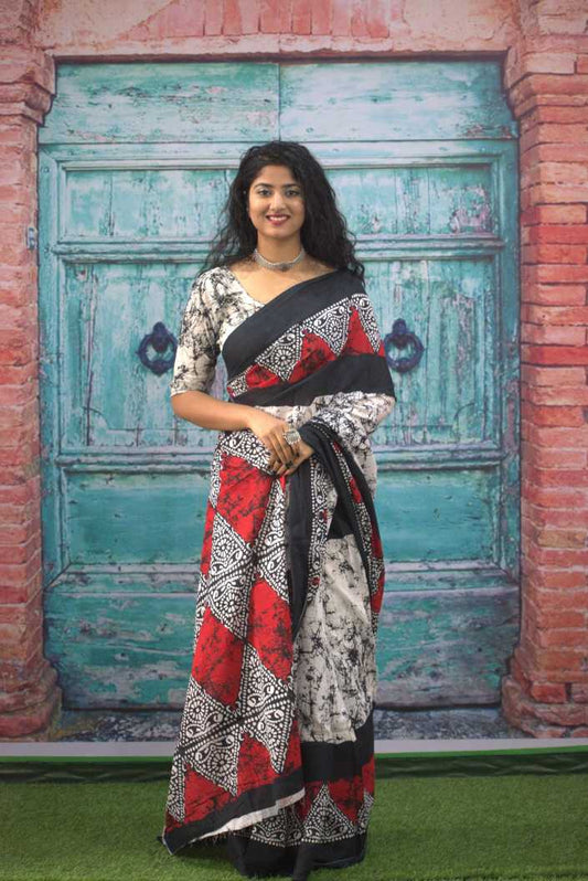 Printed Red Batik Print Cotton MulMul Saree