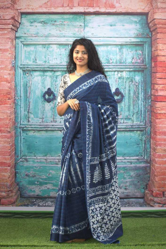 Printed Blue Dabu Print Cotton MulMul Saree