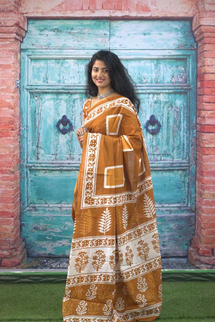 Printed Mustard Dabu Print Cotton MulMul Saree