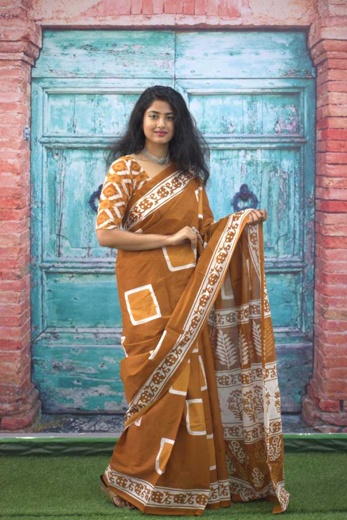 Printed Mustard Dabu Print Cotton MulMul Saree