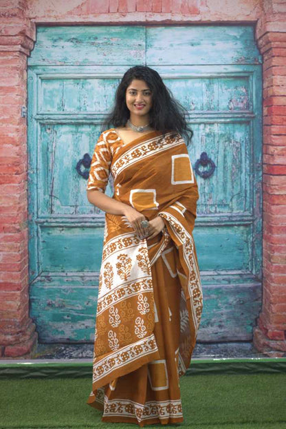 Printed Mustard Dabu Print Cotton MulMul Saree