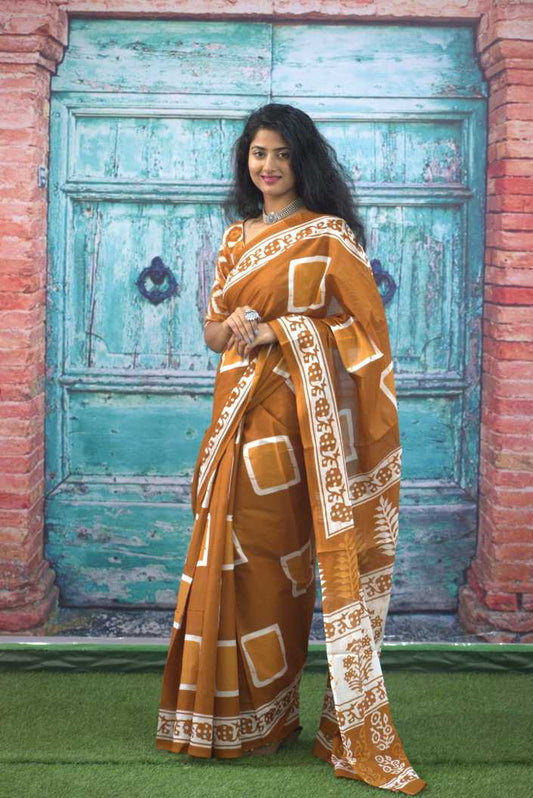 Printed Mustard Dabu Print Cotton MulMul Saree